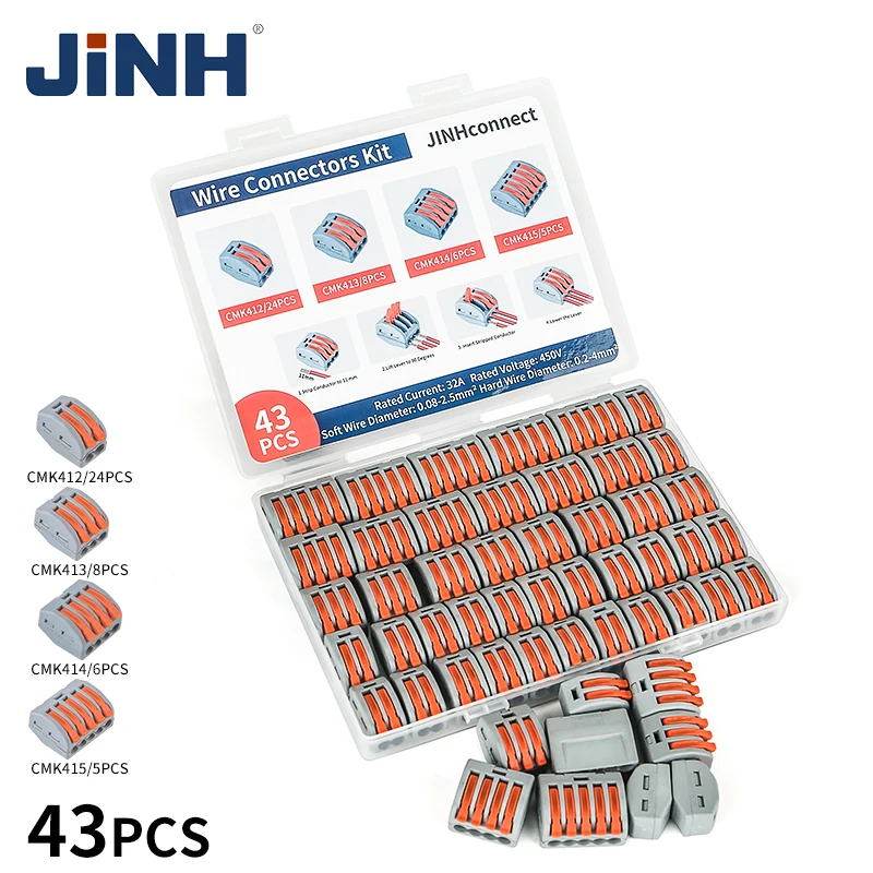 JINH 43Pcs CMK41 Lever Connector Nuts Assortment Pack Quick Splicing Electrical Terminal Blocks Standard Solid Flexible Wires 