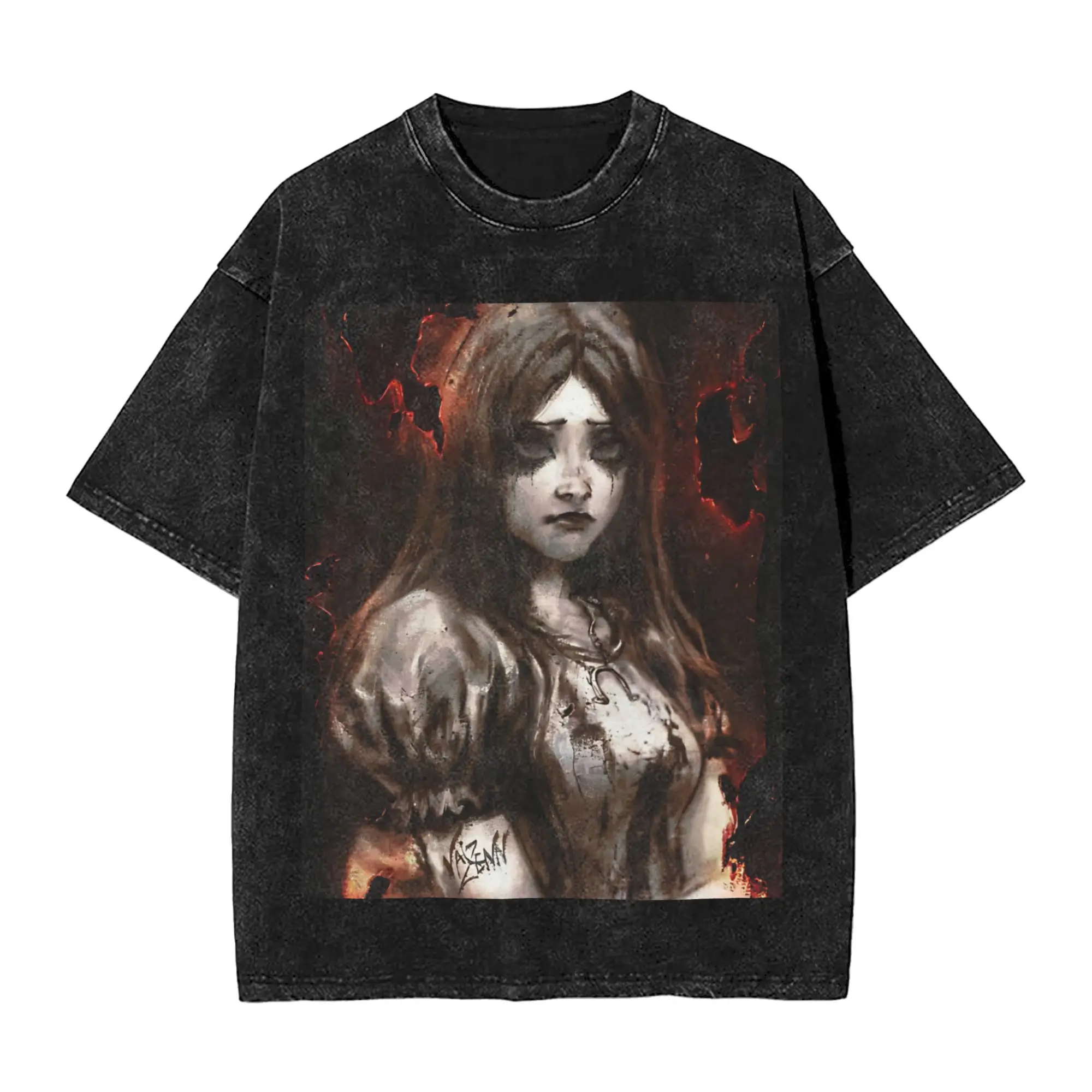 Leisure Alice Madness Returns T-Shirts Men Round Neck Pure Cotton Washed T Shirts  Short Sleeve Tees Adult Clothes
