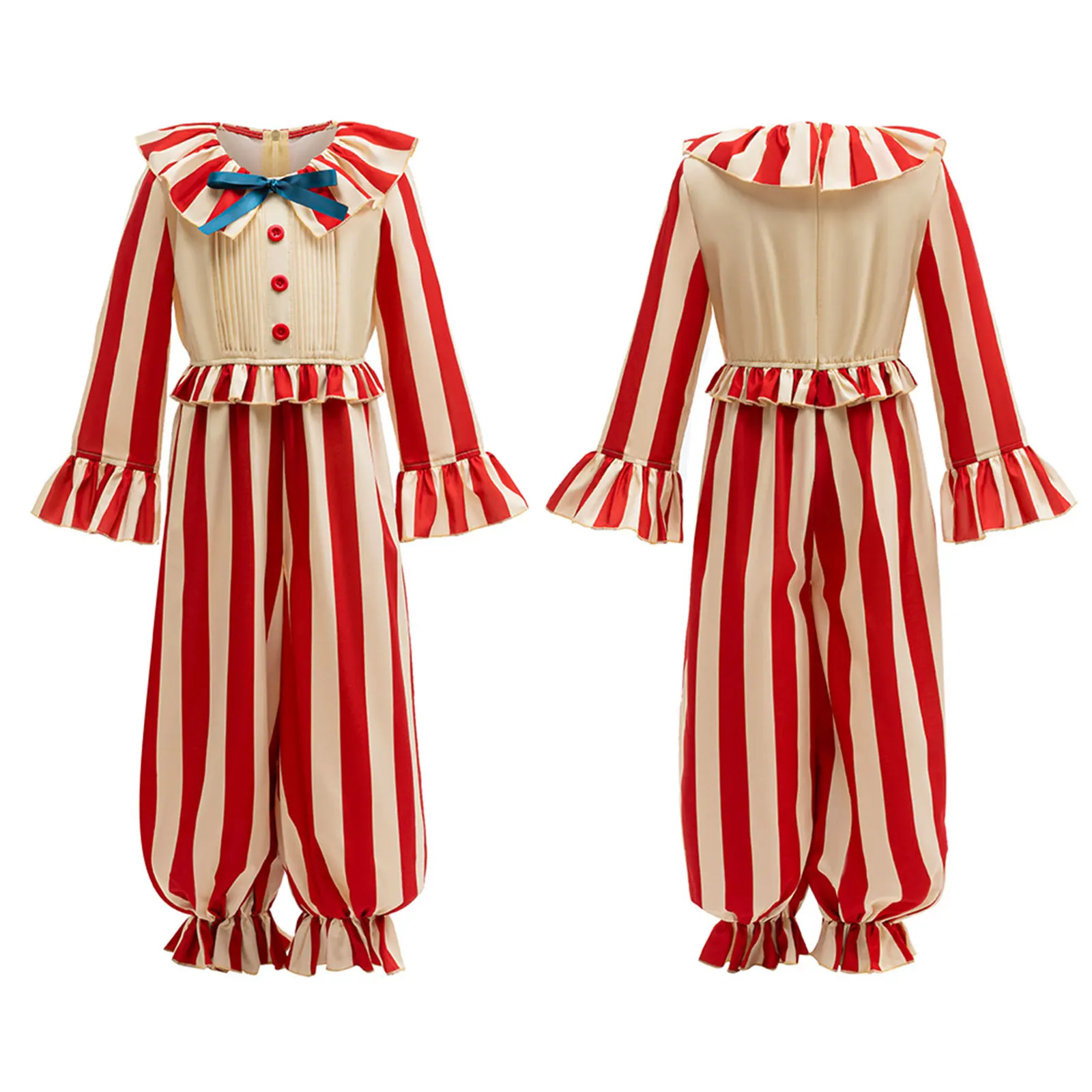

Kids Unisex Clown Cosplay Outfit Flare Sleeves And Invisible Back Zipper Joker Dress Up Jumpsuit for Magic Circus Theme Show