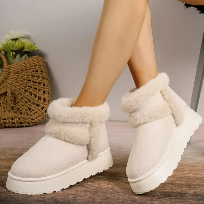 2024 Winter Women Short Plush Warm Snow Boots Casual Shoes  New Suede Fur Chelsea Ankle Boots Flats Platform Ladies Shoes Botas