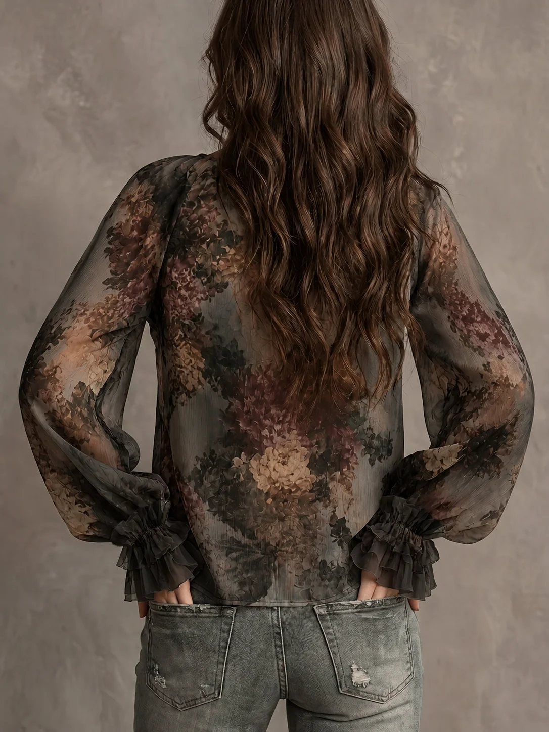 Damen Vintage Blumenmuster V-Ausschnitt Bluse mit Glockenärmeln Chiffon-Top Elegante Retro-Mode – Detail 11