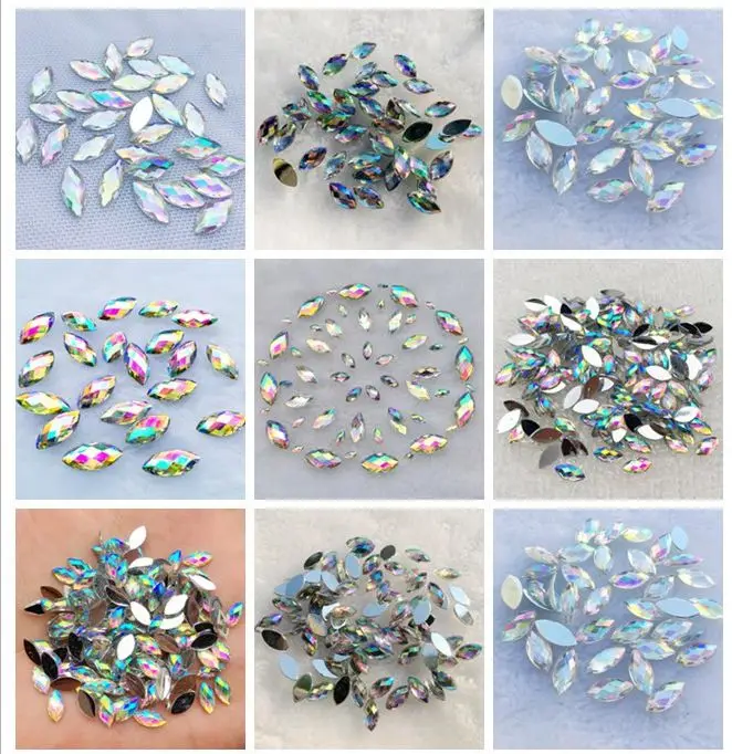 

YUSDTSHA White AB color Crystal Flat Back Horse Eye Rhinestones Acrylic Gems Glue Beads Non Sewing Crystal Stones for Crafts