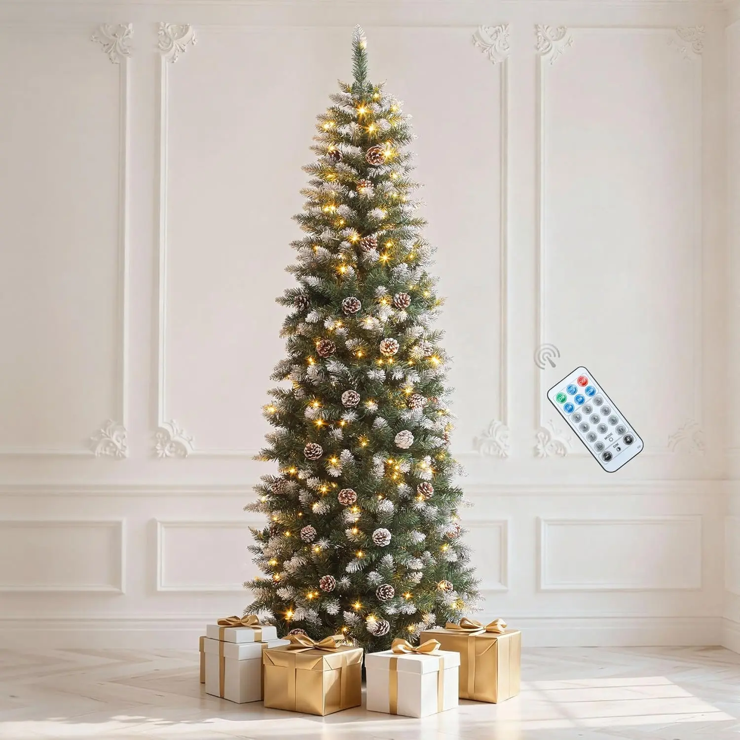 

Искусственная рождественская елка с предварительной подсветкой длиной 7,5 футов, тонкая снежная ялинка-карандаш с наконечниками для ветвей 1075, 350 лампочек UL и пультом дистанционного управления