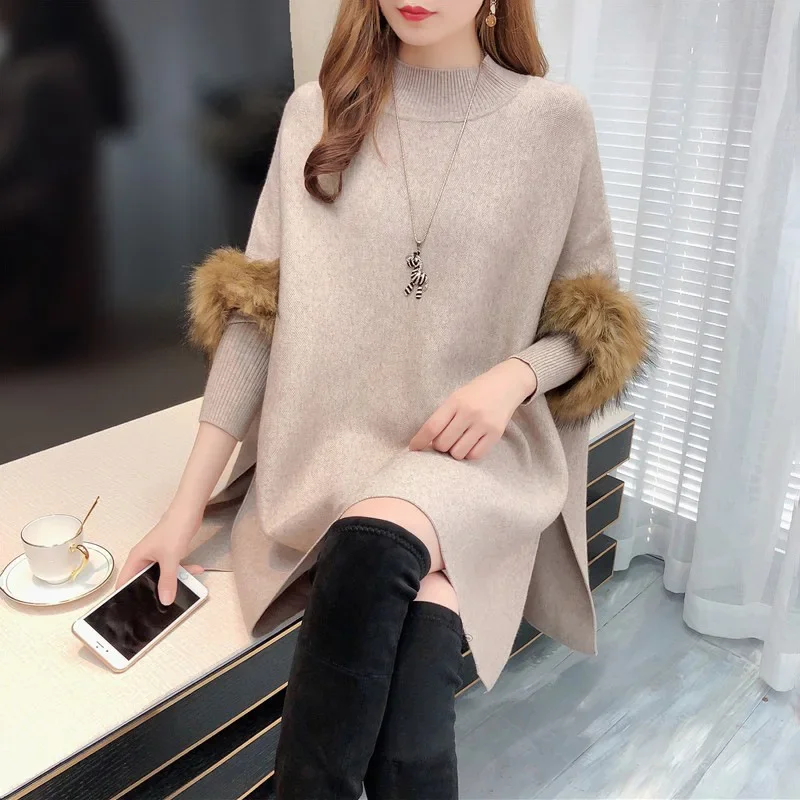 Autumn Winter Imitation Wool Sleeves Cape Knitted Pullover Sweater Loose Coat Women Sleeved Poncho Lady Capes Beige Cloaks