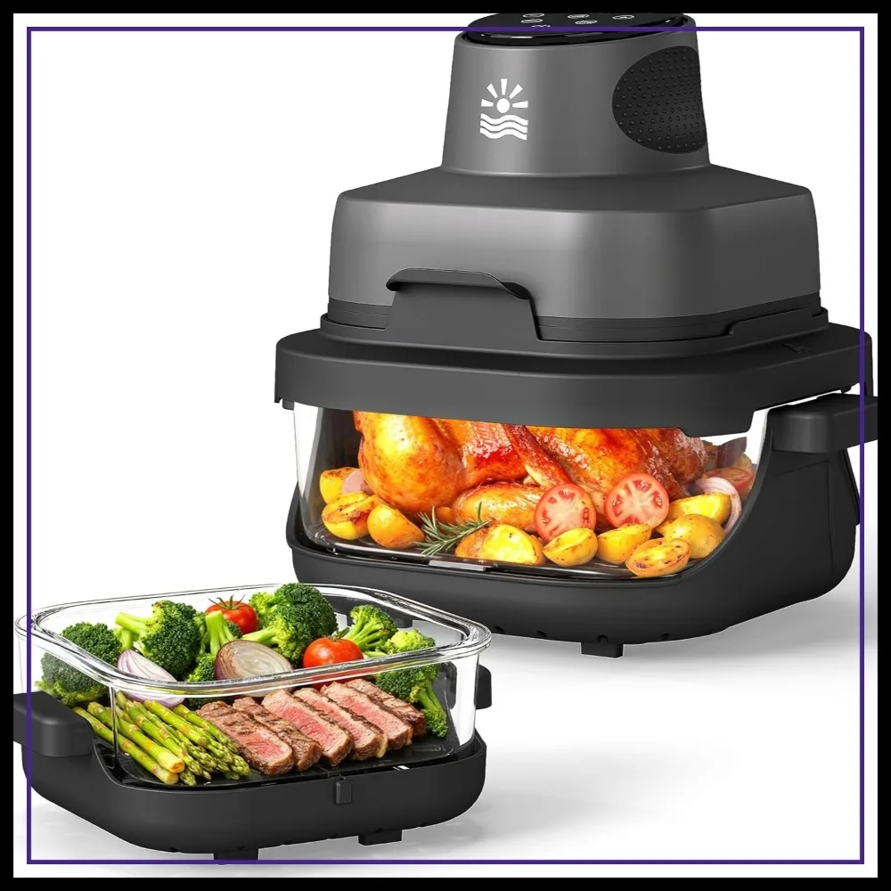 

Portable Glass Air Fryer 1500W 4.2QT Dual Containers 4-in-1 60Min Timer Adjustable Temp Dishwasher Safe