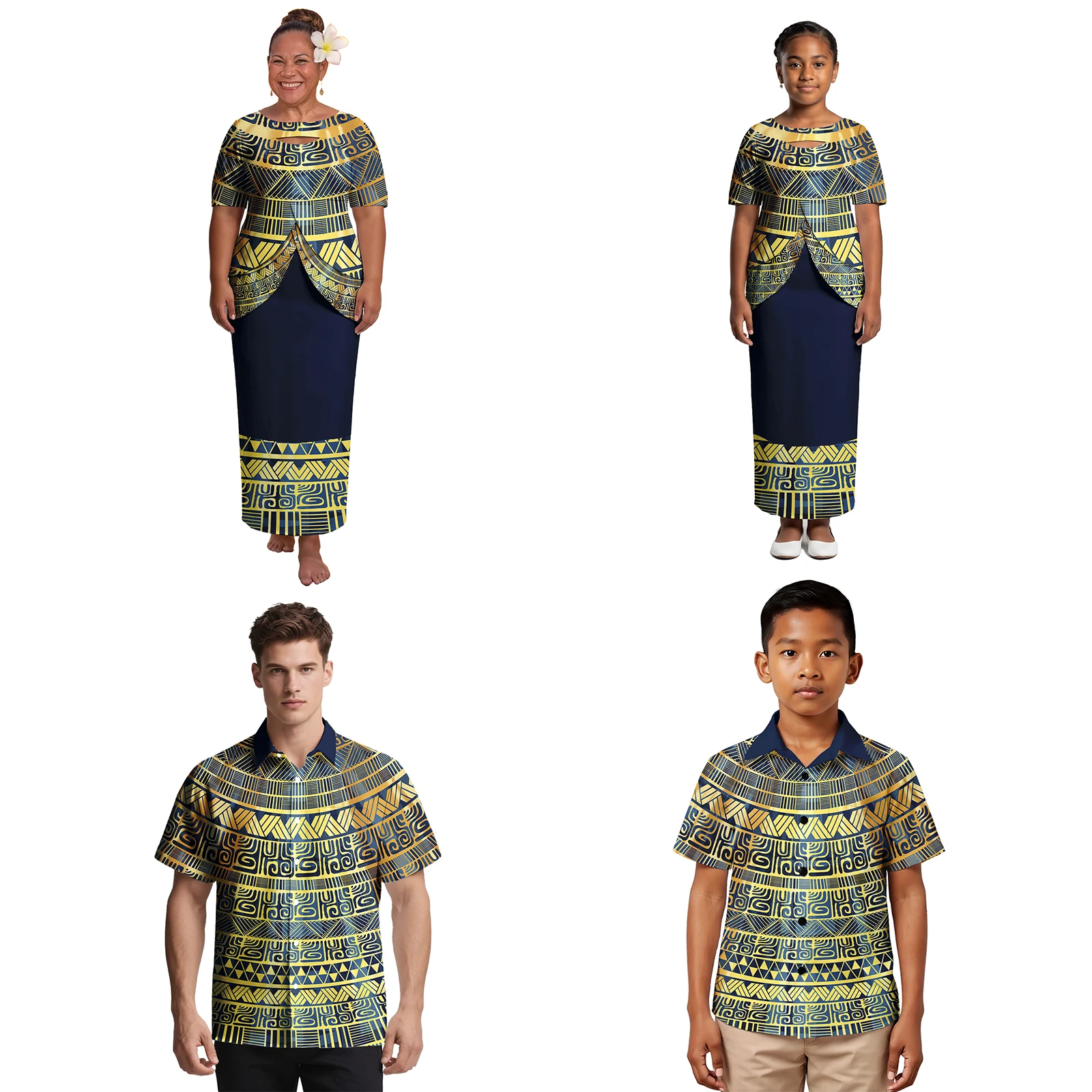 

Plus Size Tropical Pattern Mommy Daughter Puletasi Dresses Samoan Polynesian Father Son Aloha Shirts 4 Piece Family Matching Set