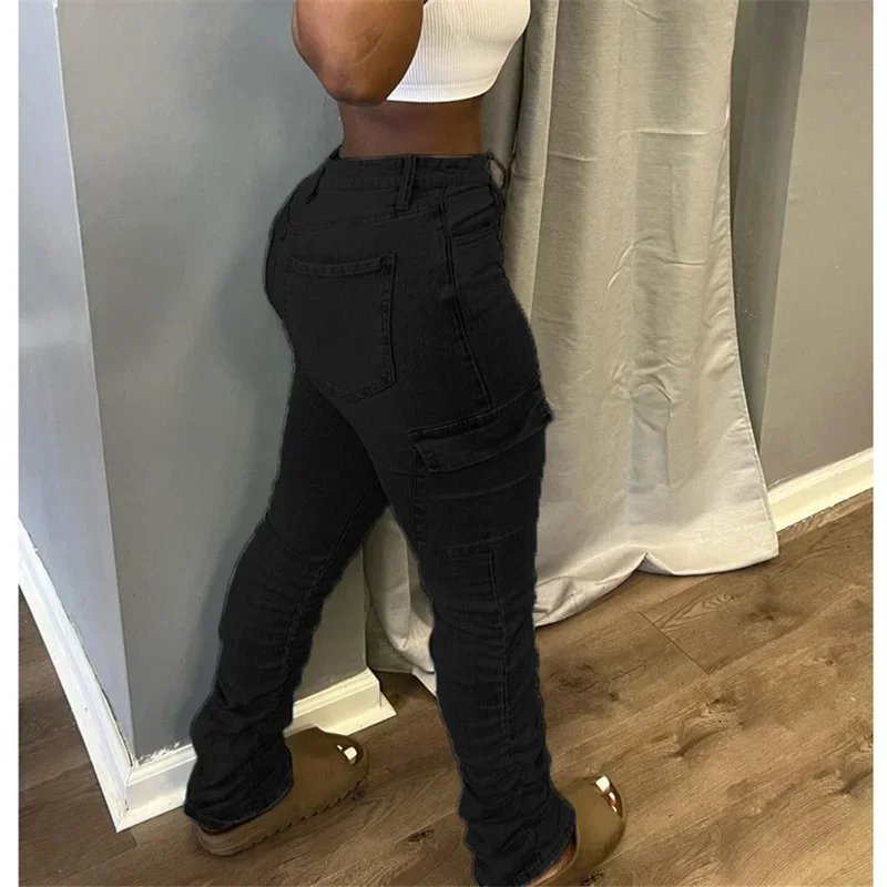 Mode Plissee Bleistift Jeans mittlere Taille Frauen Seiten taschen Spleiß Jeans hose weibliche Slim Fit Pendler hose Trend Streetwear