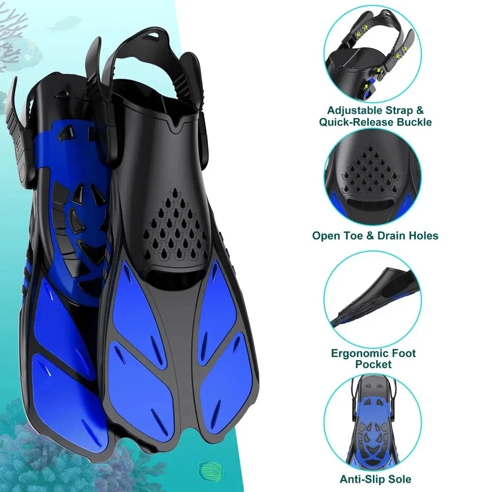 Snorkel Fins Adjustable Buckles Swimming Flippers Short Silicone Scuba Diving Shoes Open Heel Travel Size Adult Men Womens