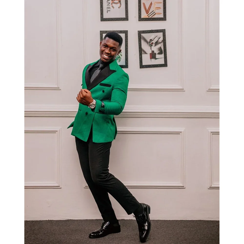 

New Arrival Men Suits 2 Piece Green Jacket Black Pants Front Split Wedding Party Prom Tuxedo Business Casual Custom Male Outfits