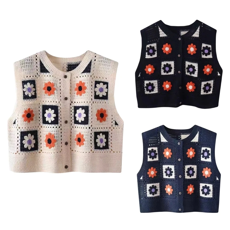 Floral Hollow Waistcoats Vest Summer Knitted Sleeveless Crop Tops French