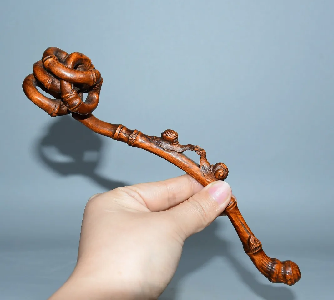 

9"Tibetan Temple Collection Old Boxwood Snail statue Twisted bamboo flowers Ruyi Screen Amass wealth Ornaments Town house