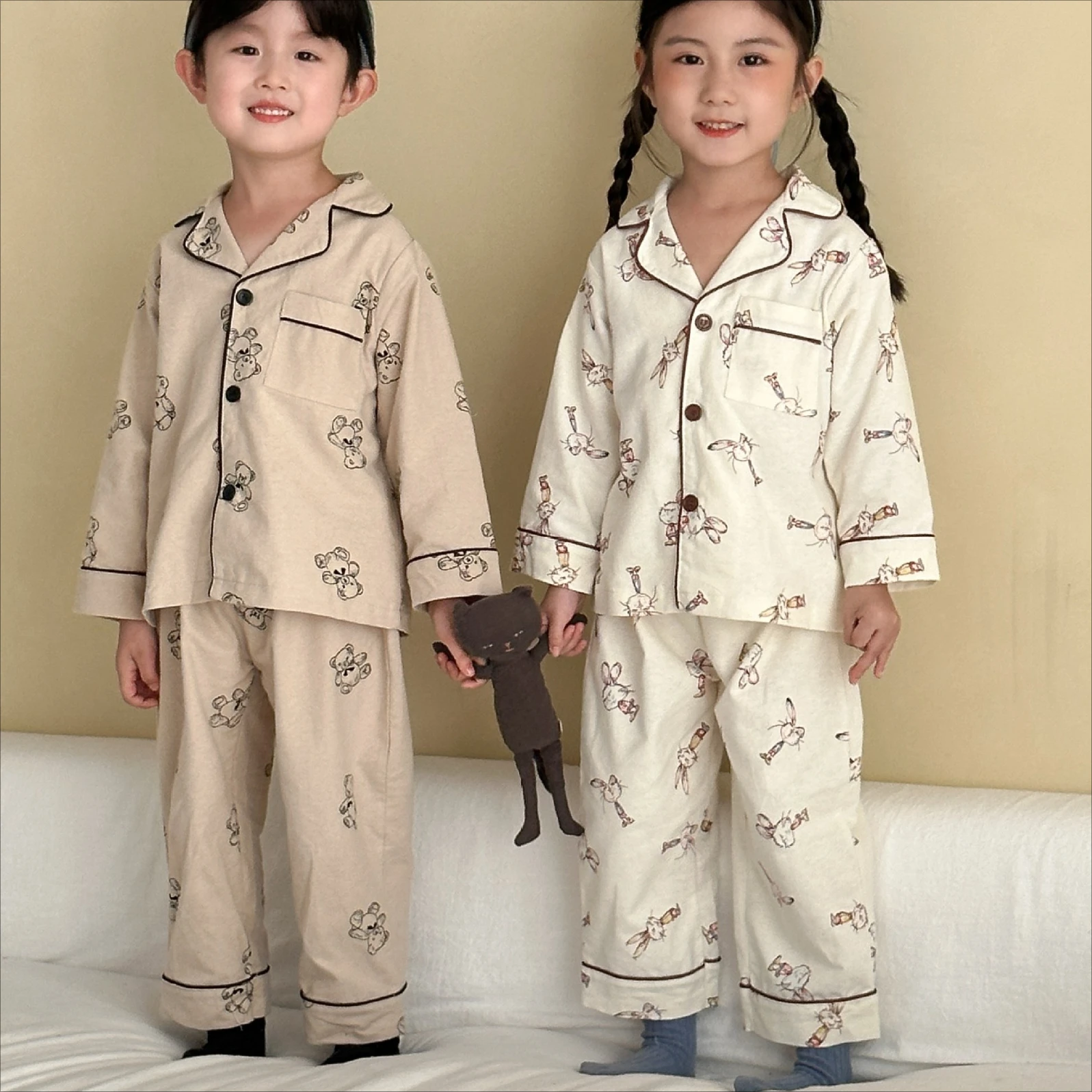 Suit 2025 Autumn New Children's Clothing Boys and Girls Fashion Pure Cotton A Class Frothed Pajamas Two-piece Casual Simple