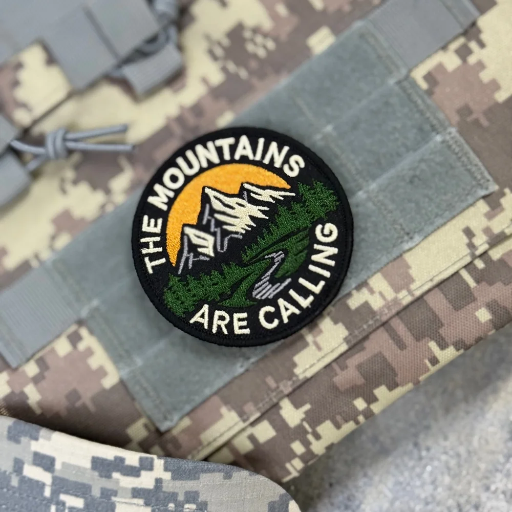 Outdoor Adventure Patch The Mountains Are Calling Embroidered Morale Badge Mountain Sunset Stickers for Camping Backpack Jacket