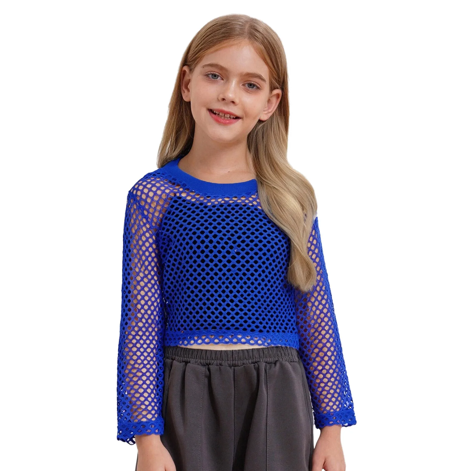 

Girls Street Dance Crop Top Hollow Out See Through Fishnet Design Round Ribbed Neck Top for Skateboarding Hip Hop Jazz Dance