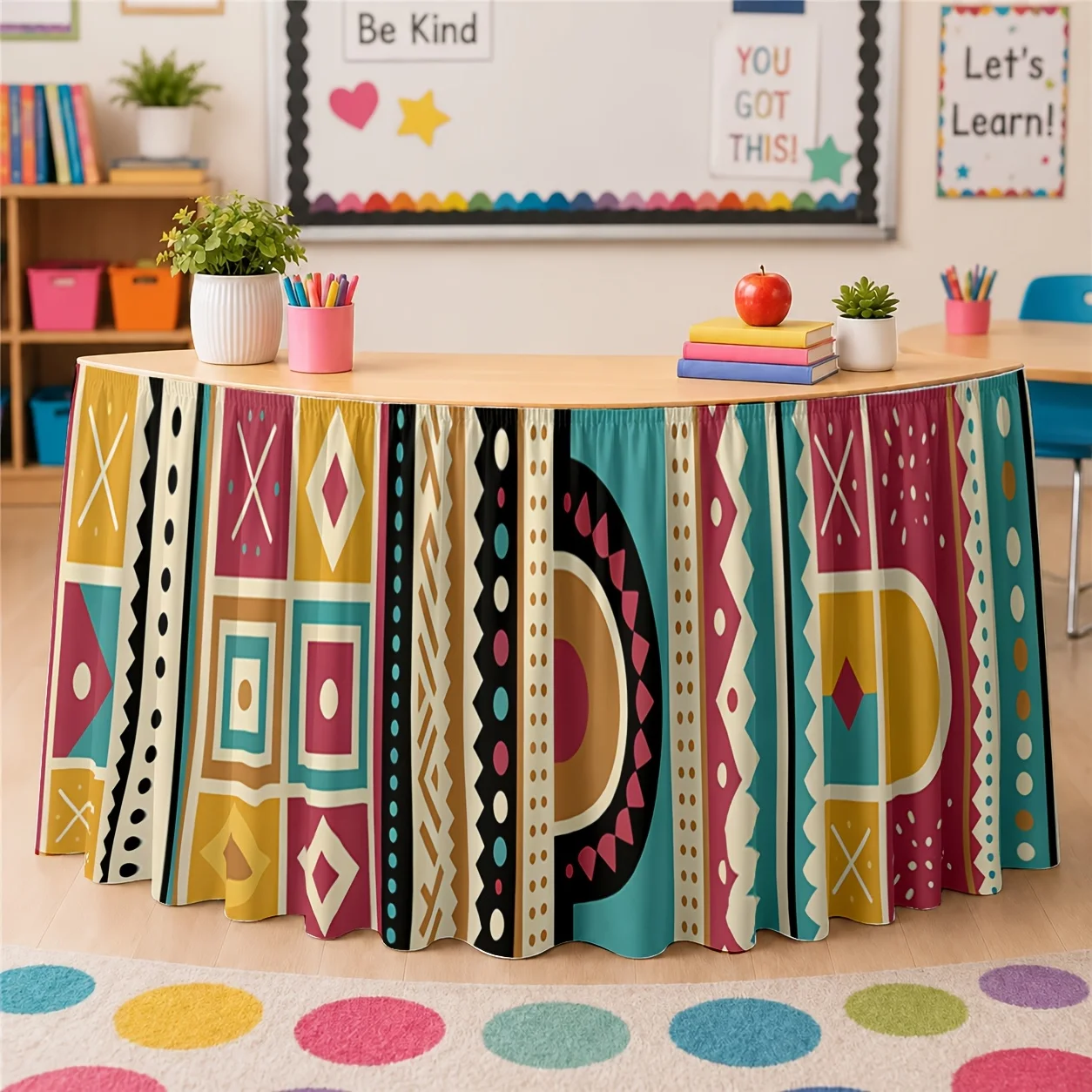 1 bohemian tribal table skirt with vibrant geometric ethnic print - multi-color option