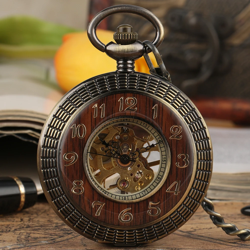 Vintage Red Wood Decor Mechanical Pocket Watch Bronze Fob Chain Pendant Pocket Clock Half Hunter Hand Winding Mechanical Watches