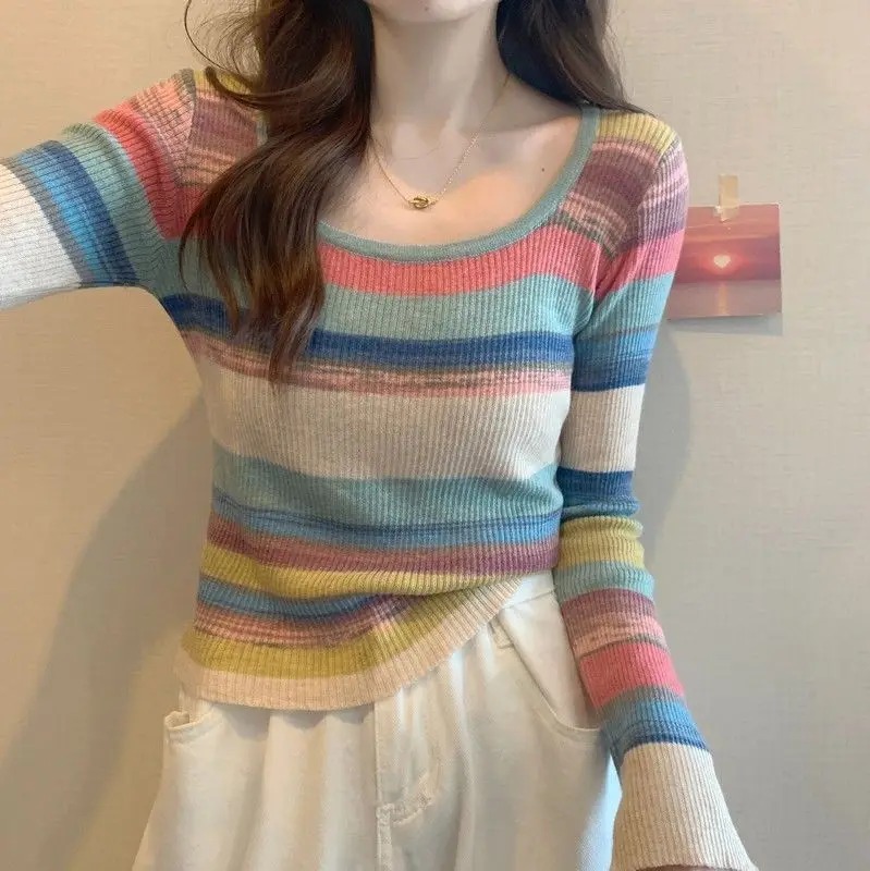 

Rainbow Stripe Square Neck Bottoming Colorful Long Sleeve T-Shirt Autumn And Winter Women'S Inner Collar Knitted Top Thin