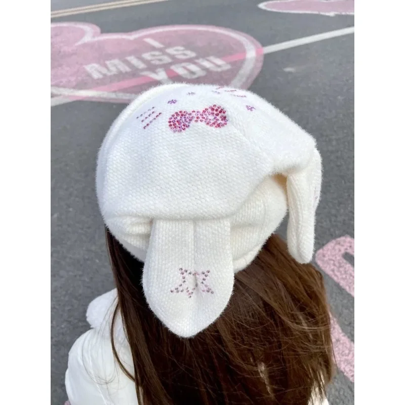 Kawaii Sanrio Hellokitty Rhinestone Ear Hats Winter Knit Outdoor Warm Caps Casual Cap Y2k Sweet Fashion Girls Decorative Hats