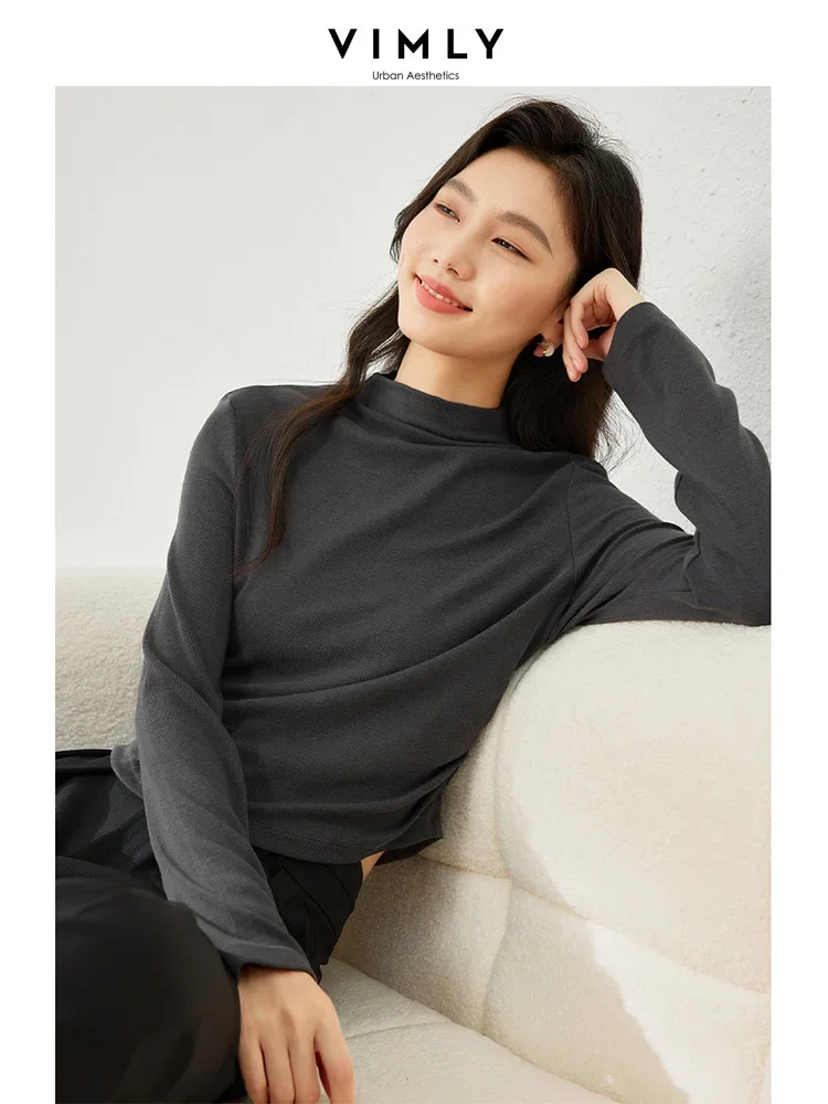 Vimly Women Grey T Shirts 2023 Autumn Winter Side Shirring Pullover Long Sleeve Top Fashion Mock Neck Underwear Tee Shirt M3977