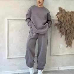 Two Piece Pant Sets Women Full Sleeve Sweatshirts Round Neck Straight Long Pants Suits Solid Spliced Thick Autumn Winter