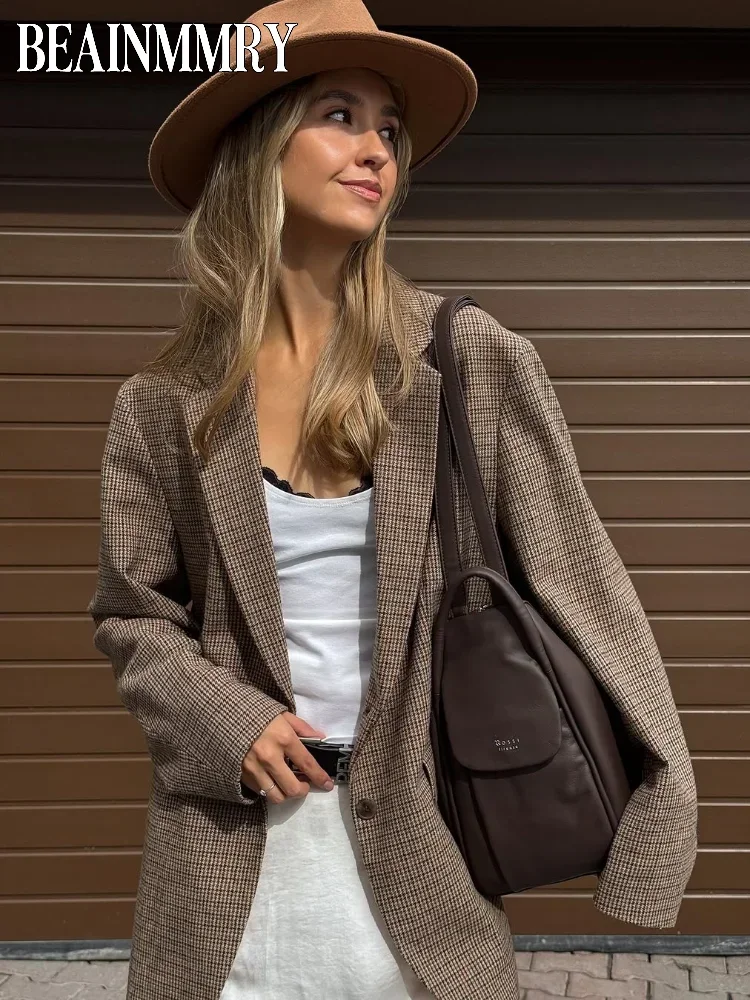 

Women Casual Checkered Suit Jacket Fashion Chic Lapel One Button Pocket Loose Outerwear Lady Autumn Daily Commute Office Coats