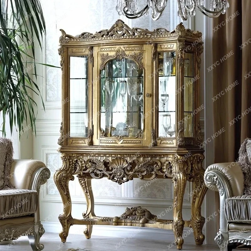 A  European wine cabinet living room retro old wine cabinet solid wood carving flower villa living room against the wall high