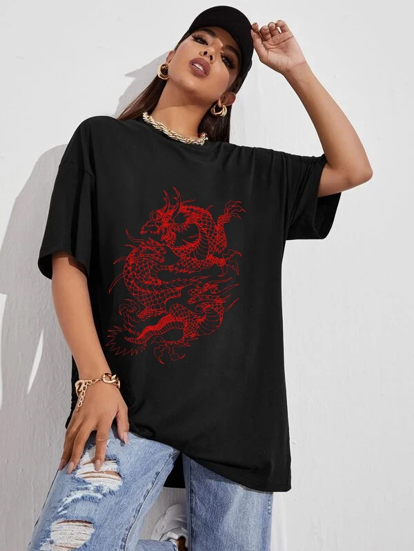 T-shirt Harajuku Y2K Street Sle pour femmes, haut imprimé Dragon Goth, vêtements d'automne 00% d'autres matériaux
