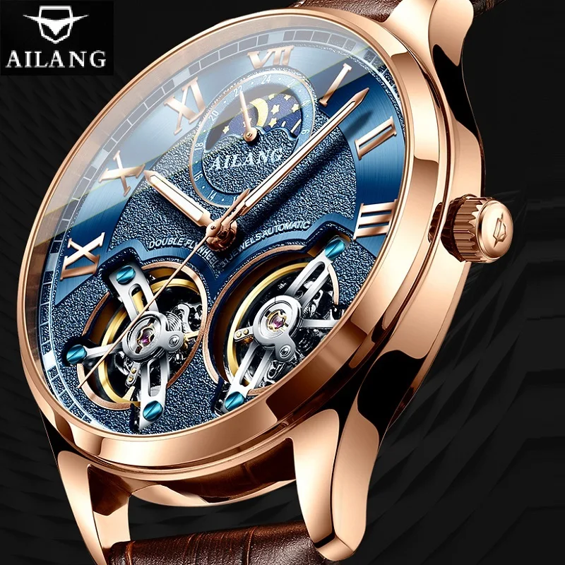 Binger For Mens Watch Double Skeleton Flywheel Automatic Wristwatch Male Mechanical Date Phase Coated Relogio Masculino Zegarek