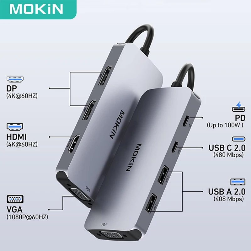 MOKiN USB C Docking Station 8 In 1 USB C Hub DP HDMI VGA USB C 2.0 Multi Monitor Adapter PD Charging Port for HP Laptop Lenovo