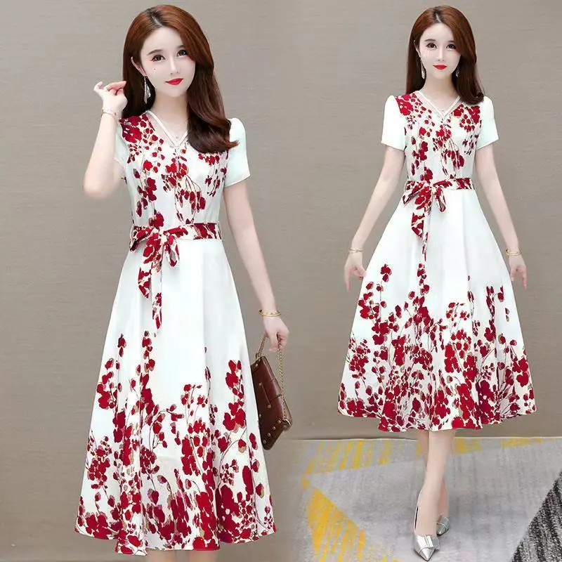 

Fashionable Mesh Embroidered Flower Dress Summer Women's New Elegant V-neck Slim Fit Dress Vestidos Elegantes Para Mujer L319