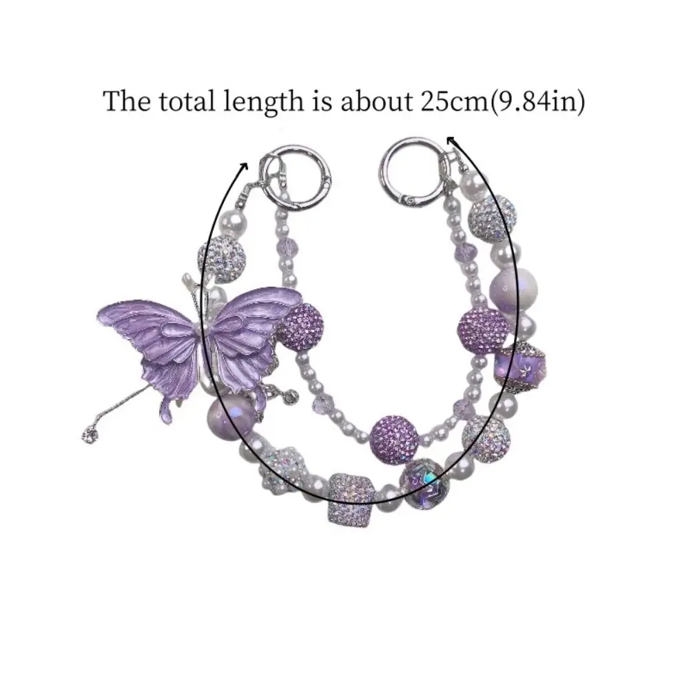 Glitter Rhinestone Phone Chain Pearl Double Layer Beaded Cell Phone Lanyard Handheld Wrist Strap Butterfly Key Chain Key Chain image 6