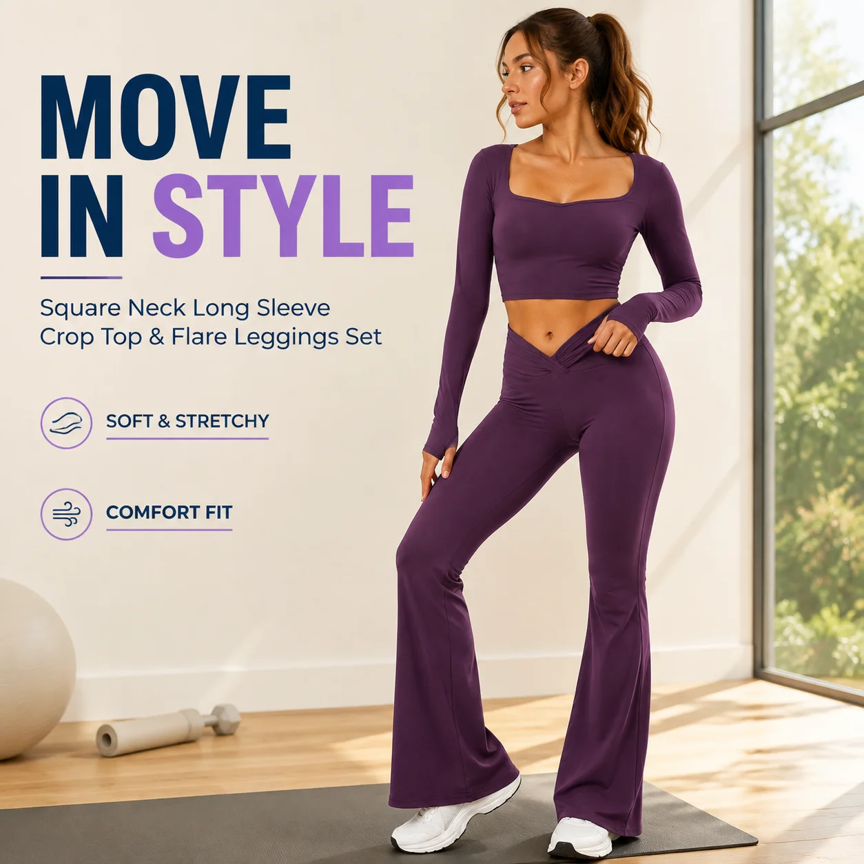 Women's Square Neck Long Sleeve Crop Top & Twist V-Waist Flare Leggings Set - Tummy Control Butt Lifting Yoga Gym 2-Piece Suit,