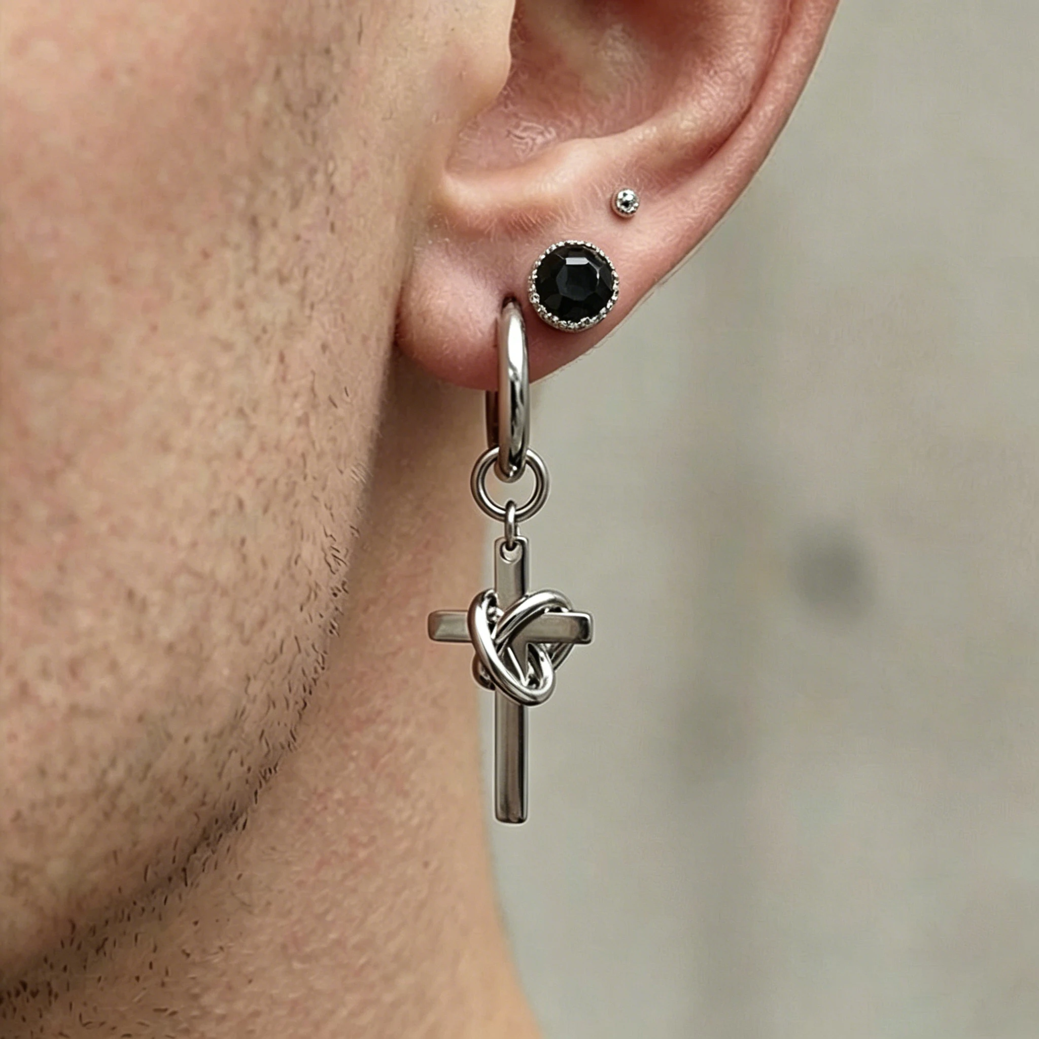 1PC Men's Punk Twisted Cross Knot Dangle Earrings Titanium Steel No Piercing Drop Earings Clip On Ear Hip Hop Rock Jewelry Gifts