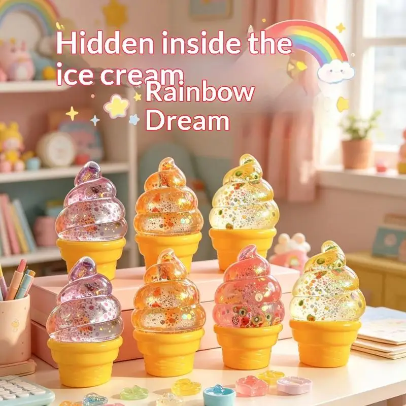 Anti Stress Squeezable Toy Ice Cream Shape Glitter Sequins Colorful Fruit Pattern Portable Fidget Prop for Trip