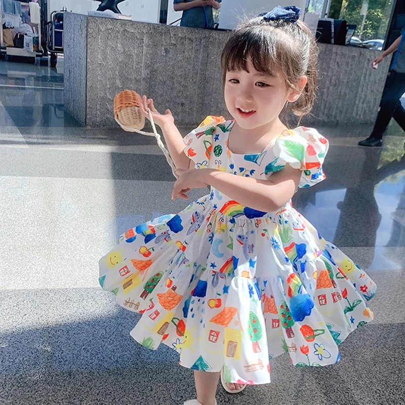 Summer Kids Girls Dress Puff Sleeve Rainbow Color Children Cute Graffiti Dress Girls Backless Dress Children's Skirt For 1-7Y