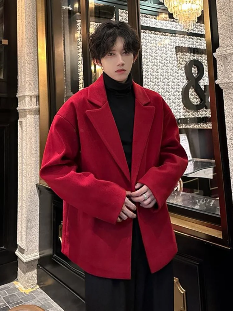 

Men's Thiened Woolen Coat Red Outerwear Autumn Winter New Faion High-End Feeling Tailored Jaet Modern Sle Long Sve