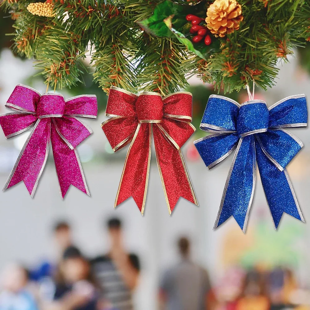 1-20pcs Glitter Christmas Bows Xmas Wreath Decorative Ribbon Shiny Craft Bows For Holiday Home Party Pendants Gift Wrapping