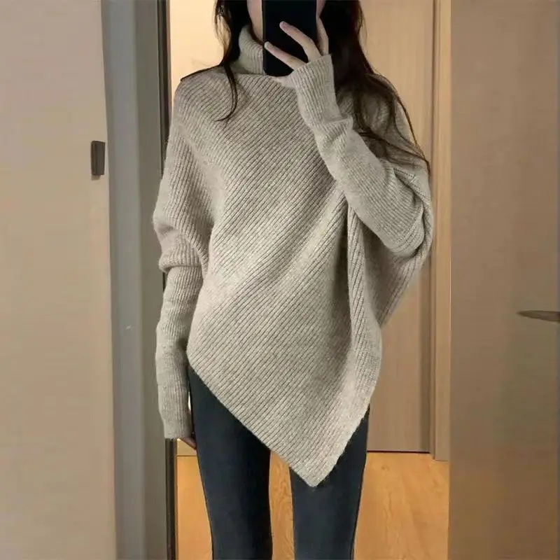 여성용 언밸런스 하이넥 단색 스웨터, 한국 버전, 루즈하고 여유로운 스타일, 부드럽고 끈끈한 니트 탑