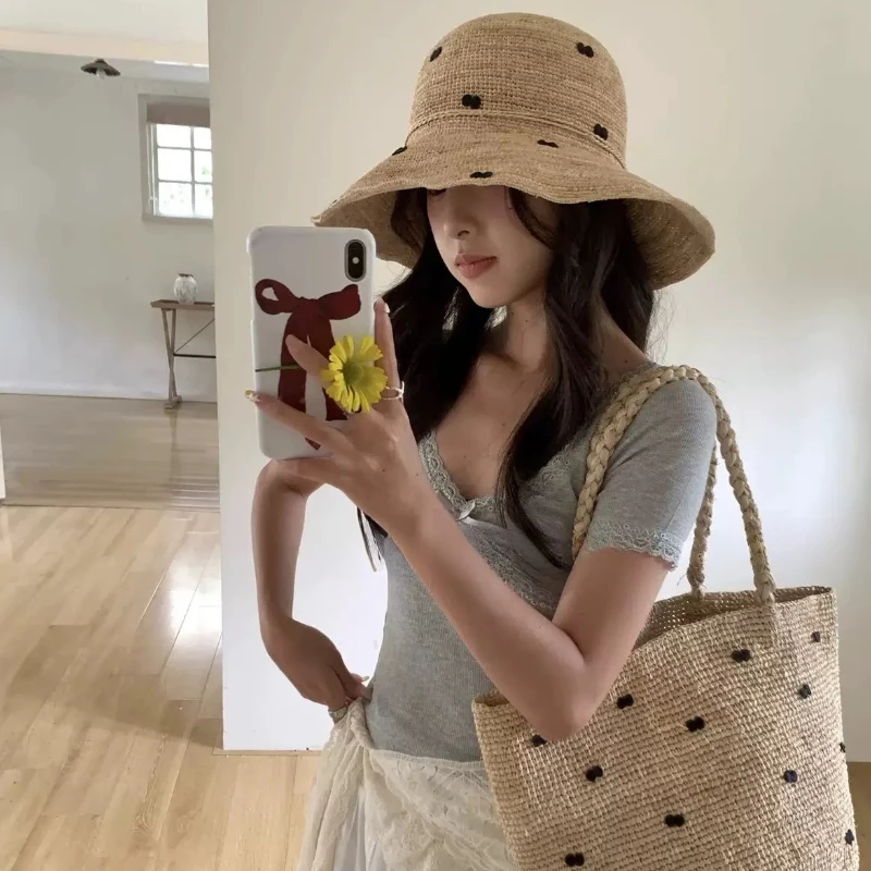 Picture 7: Raffia Straw Bow Decor Sun Hat Tote Bag Set Natural Handmade Beach Accessories Foldable Wide Brim Hat  Large Capacity Bag |