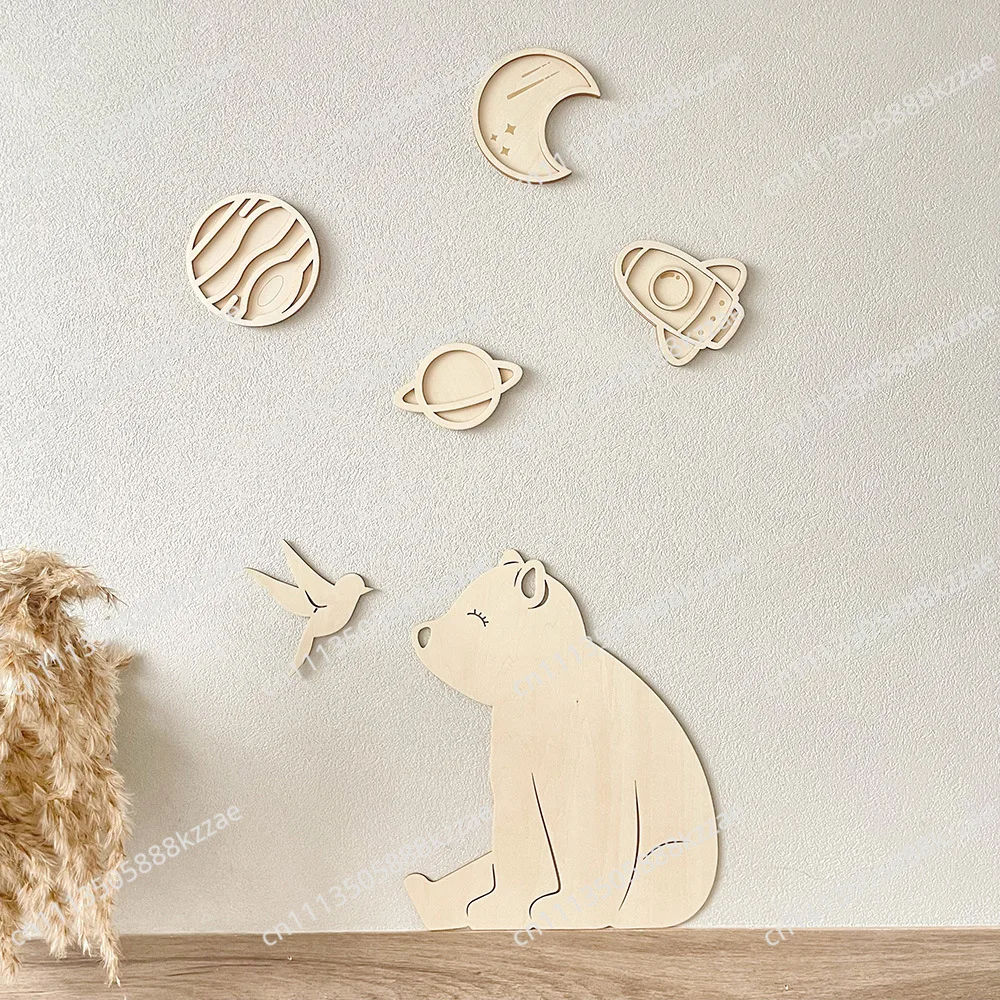 Ins Nordic Universe Starry Sky Theme Room Layout Decoration Planet Moon Wooden Wall Stickers Baby Room Decor