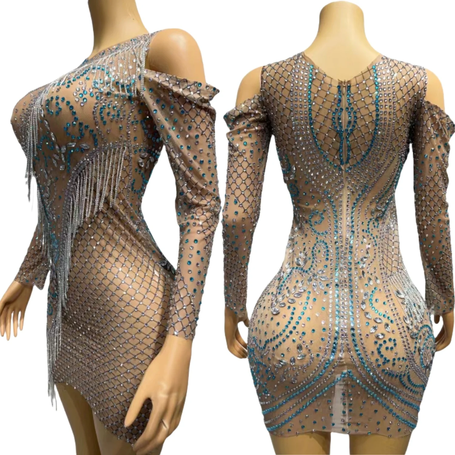 

Sparkly Rhinestone Tassel See Through Mesh Mini Dress Women Party Prom Crystals Evening Dress Luxury Sexy Couture Wanggeliusu