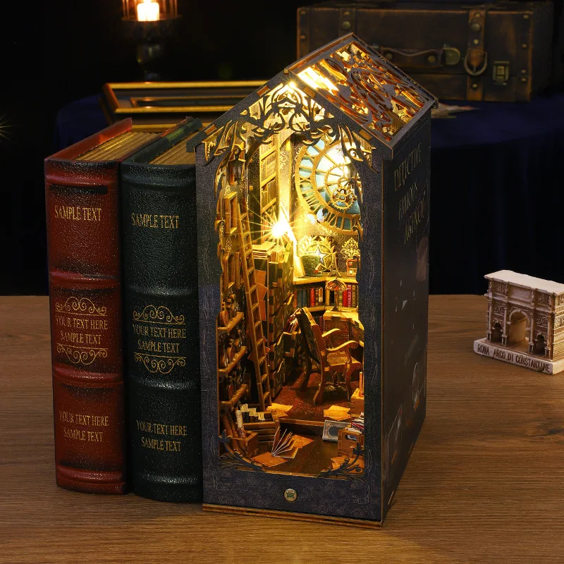 DIY Book Nook Wooden Miniature Model Kit Detective Agency Bookend Assembled 3D Puzzle Bookshelf Home Decor Adults Birthday Gifts