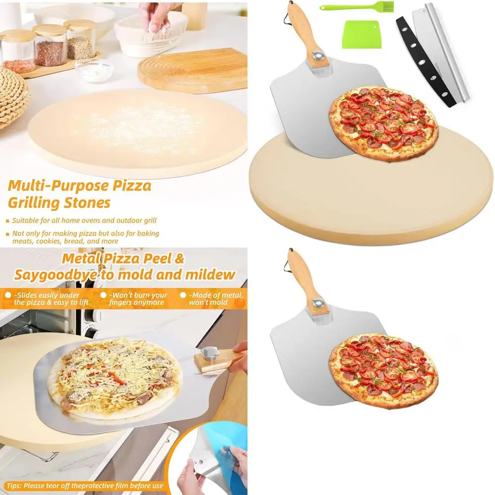 

15 Premium Pizza Stone Set - 5 Piece with Metal Peel & Cutter for Oven and Grill, Thickened Stoneware for Baking Pizzas and Brea
