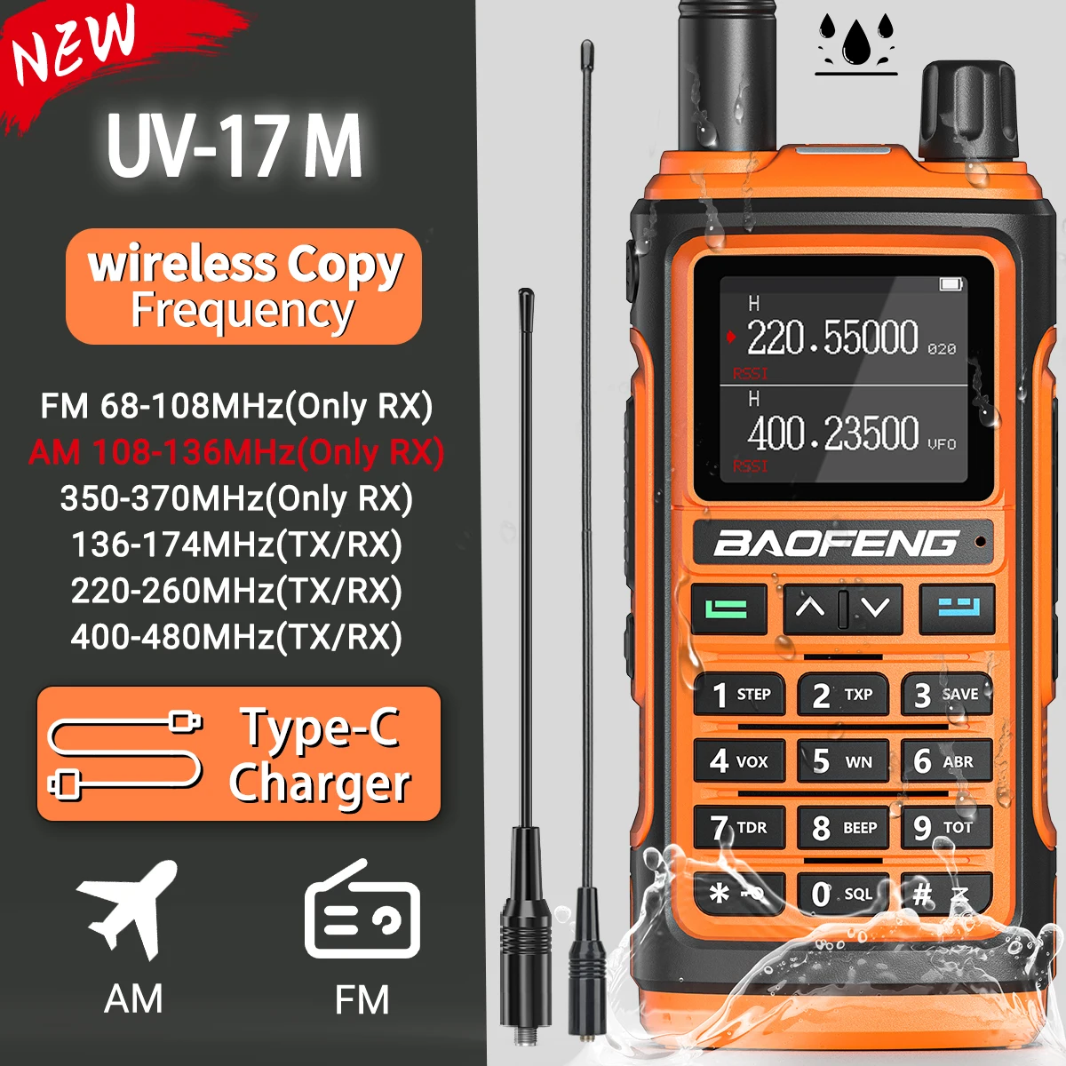 Baofeng UV-17M Air Band Walkie Talkie Wireless Copy Frequency Long Range Type-C NOAA AM Portable UV-5R 17 Pro Ham Two Way Radio