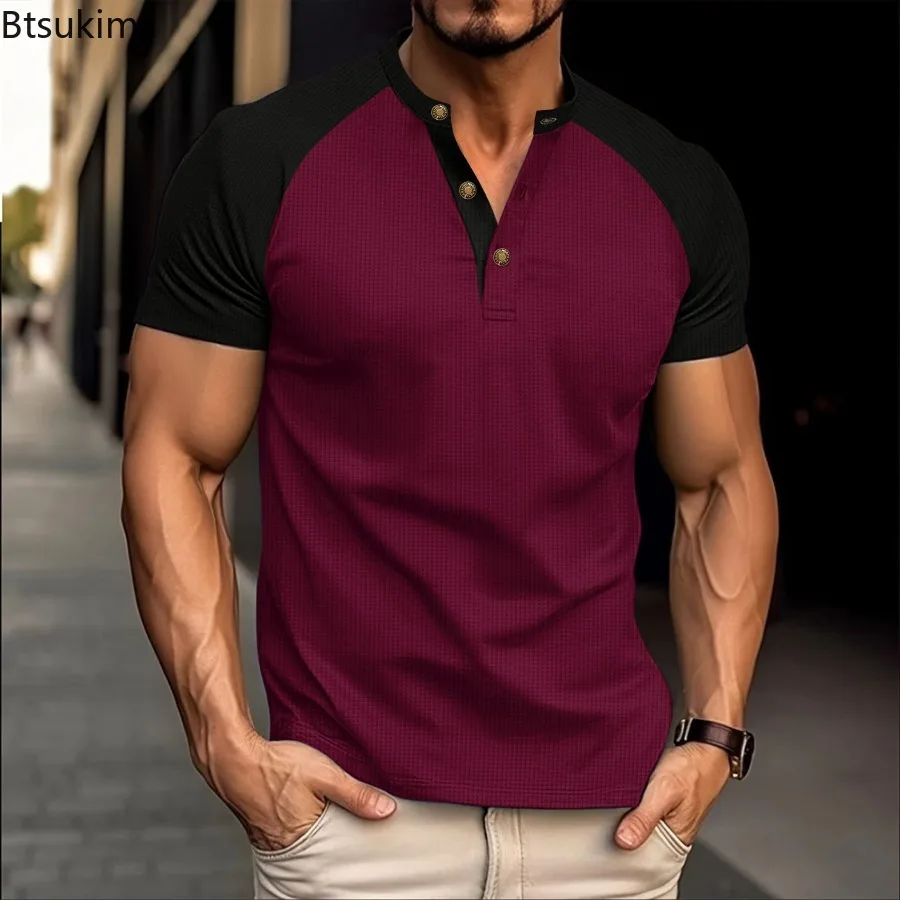 Summer Waffle V-neck Button T-shirts for Men Fashion Patchwork Short Sleeve Casual Tees Breathable Versatile Pullover Tops Male