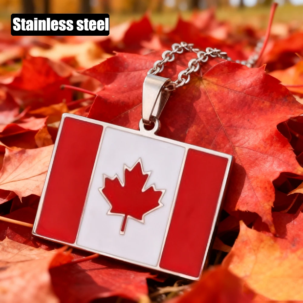 Stainless Steel Canadian Necklace Red Maple Leaf Pattern Pendant Neck Chain Jewelry for Women Men Punk Hip Hop Accessories