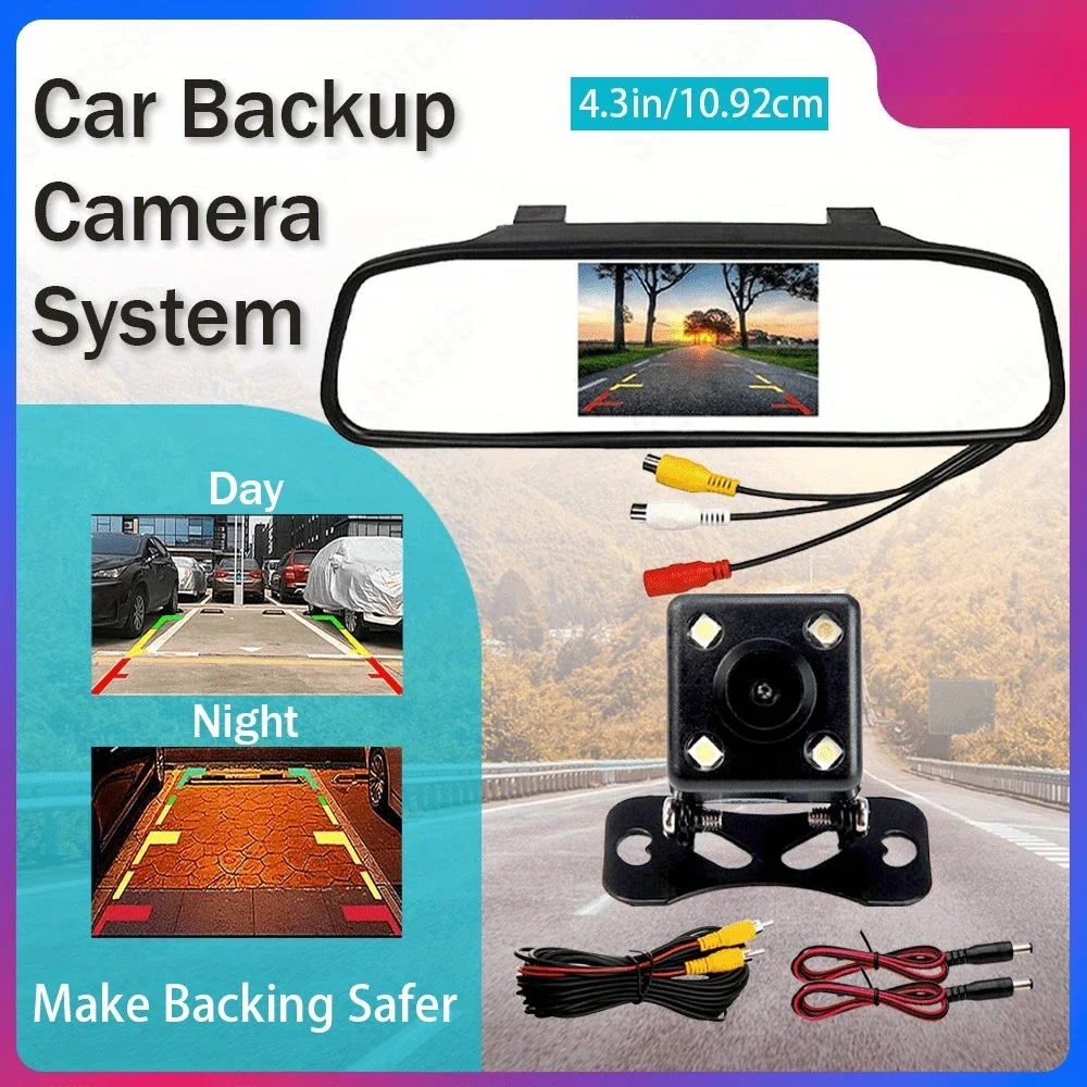 4.3-Inch Rearview Mirror and Backup Camera - Crystal Clear Night Vision, Rearview Camera with 4 Lights, for Cars, Pickup Trucks,