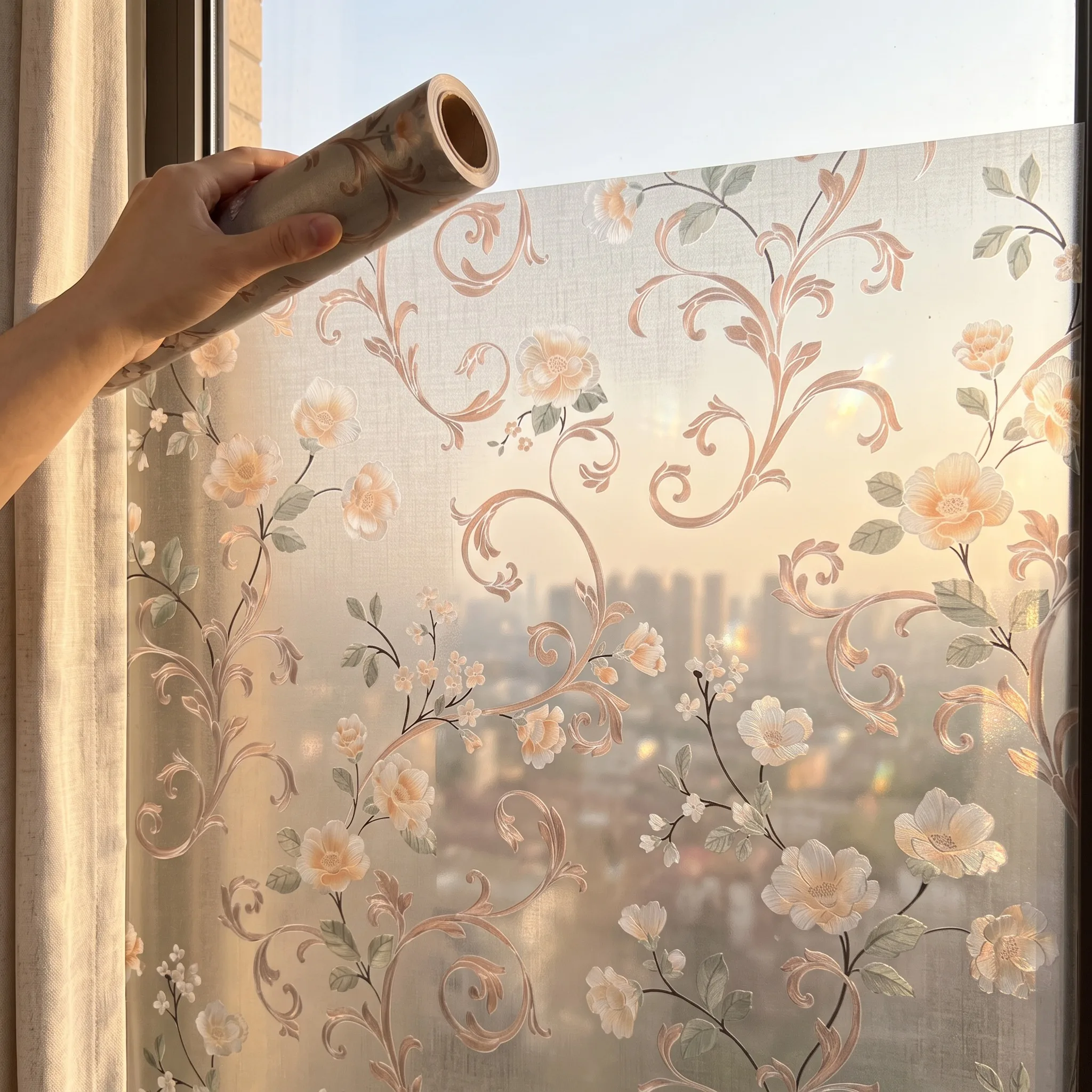 Elegant Vintage European Floral Static Cling Window Film No Glue Frosted Privacy Glass Film, Romantic Vine Decor for Bathroom Di