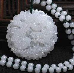 Natural White Afghan Stone Jade Carved Chinese Handmade Dragon Phoenix Lucky Pendant Amulet Necklace Charm Gift Jewelry