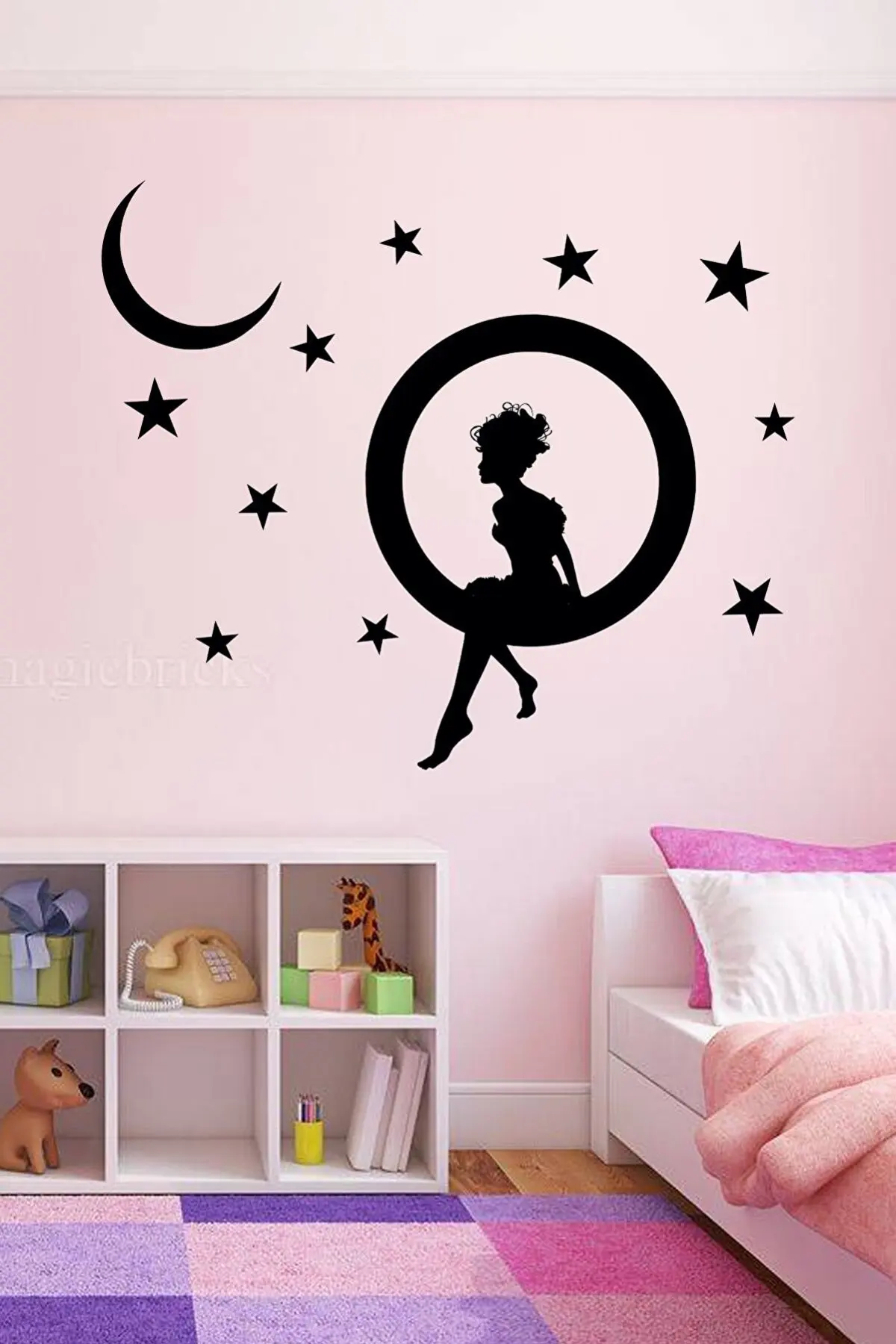 Girls Kids Room Fairy Moon Star Set Laser Cut Wood Wall Decoration Product 60x70 cm